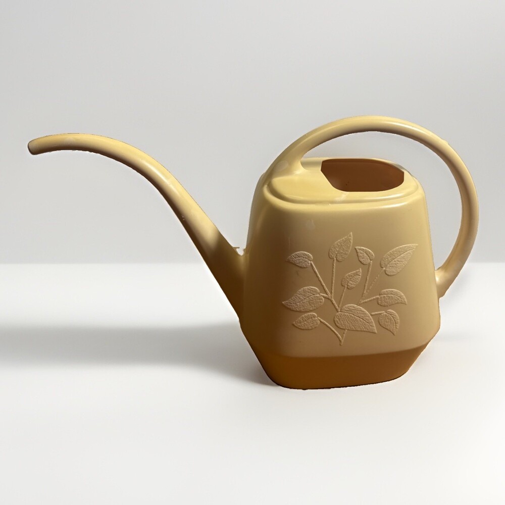 Vintage Golden Acres AW-21 Watering Can Beige Tan Long Spout Leaf Design Retro